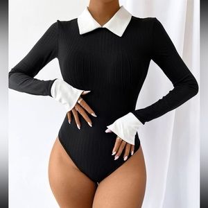 Black collar detail keyhole back bodysuit